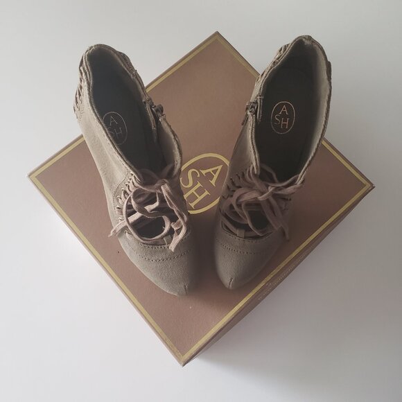 ASH Size 37.5 (US 7) Khaki Side Zipper Lace Up Ankle Boot Heels With Box - Picture 5 of 13